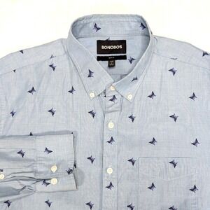 BONOBOS Mens Slim Fit Button Down‎ Shirt Light Blue Butterfly Print Size L